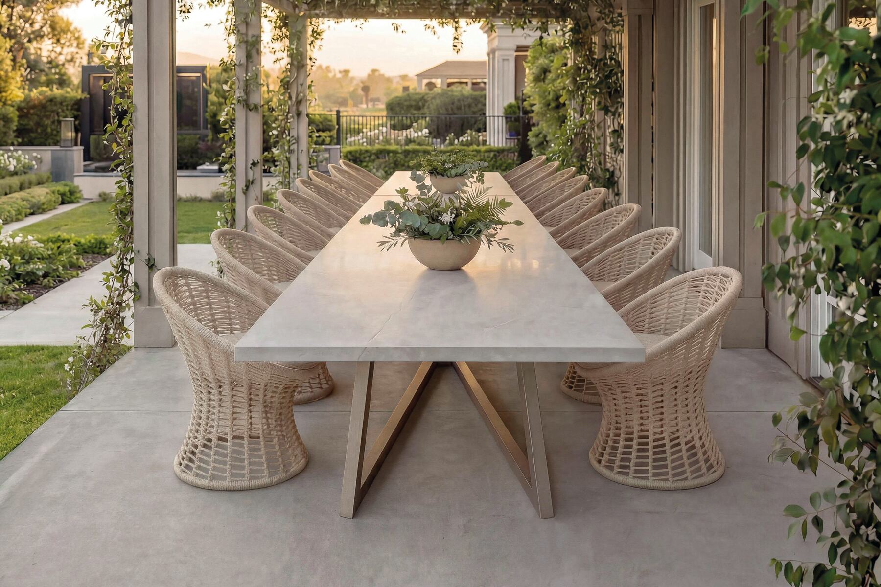 Coleção Jasmine ambientada — mesa e cadeiras sob pérgola de jasmim ao entardecer